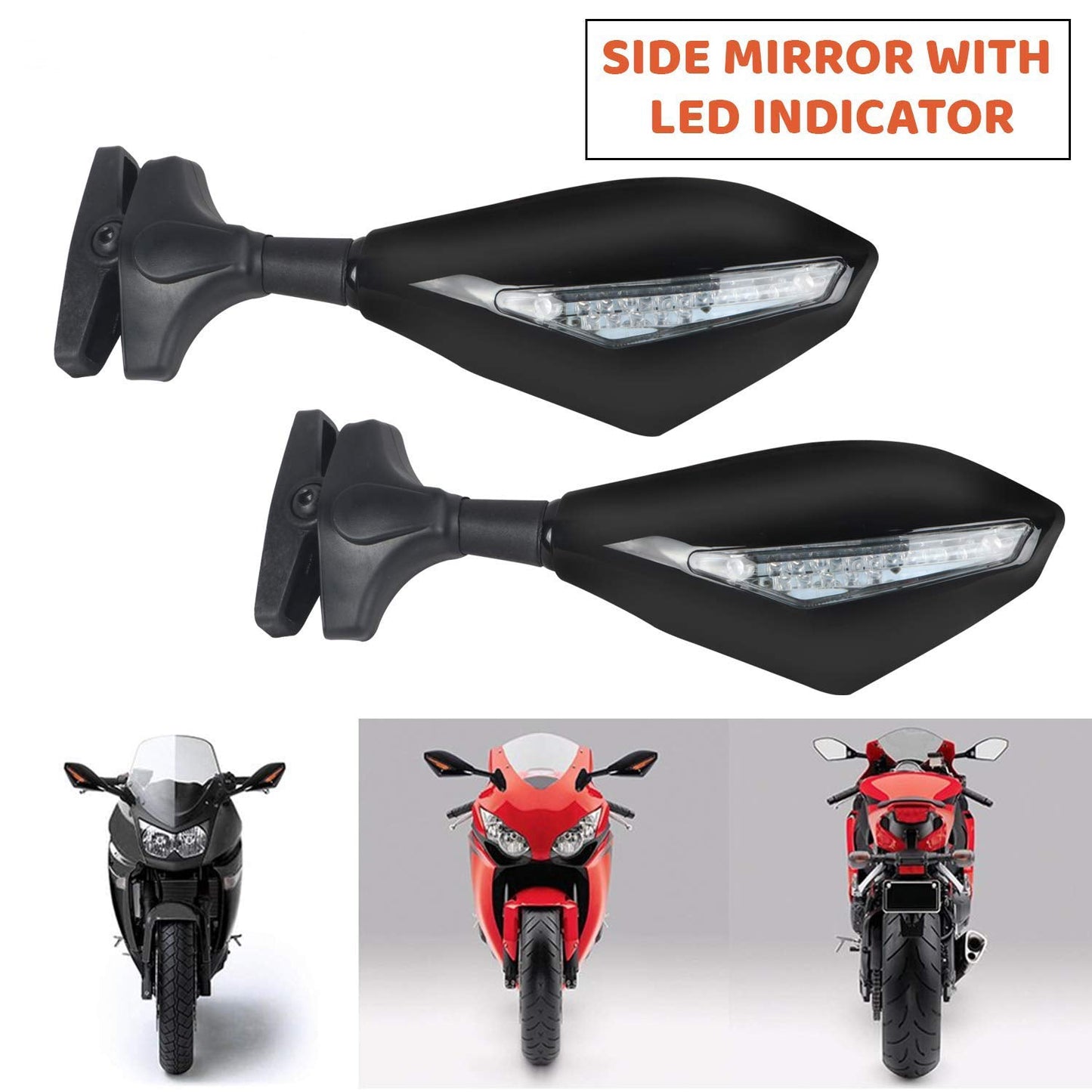 AUTOPOWERZ ABS Plastic Motorcycle Black Rear View Side Mirror with LED Turn Light R15 Mirror