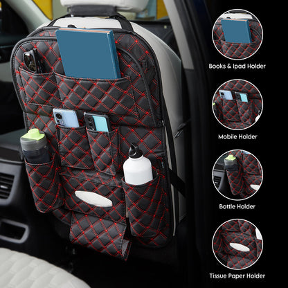 7D PREMIUM Car Seat Organizer | PU Leather with Folding Meal Tray and 10 Pockets - Tissues, Bottles, Phones, iPad Mini, Documents, Umbrella