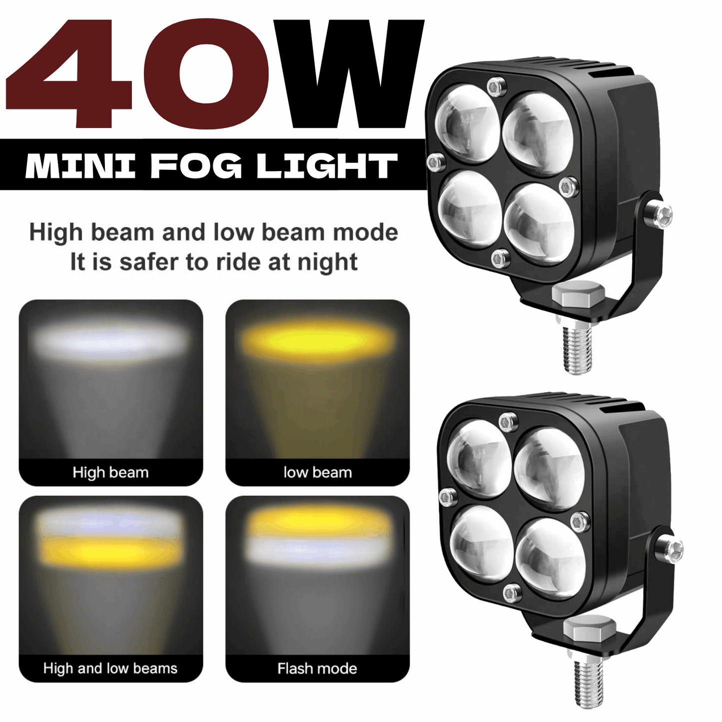 40W Mini LED Fog Light with Yellow/White Flashing Mode, 9V-80V DC (Pack of 1)