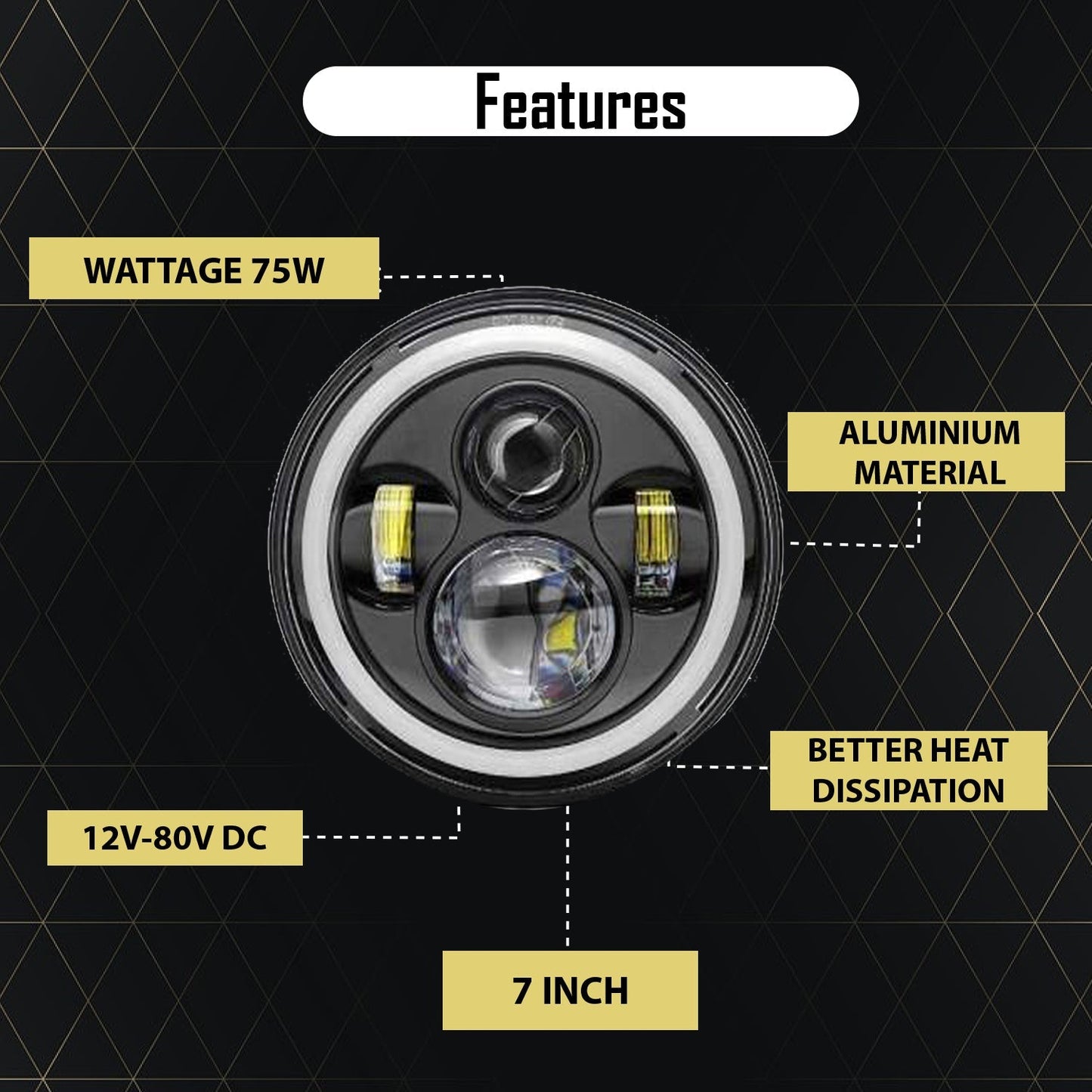 7 Inch LED Headlight with Spotless and Bright DRL For Bikes and Cars (12V-80V DC 75w)