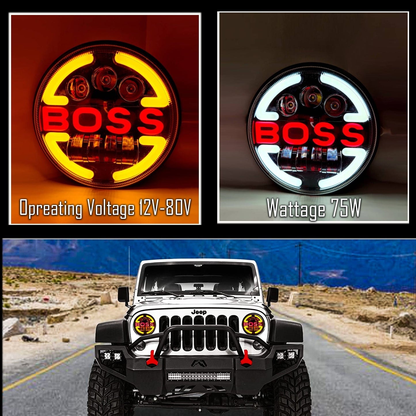 7 Inch Round Led Headlight with BOSS Logo for Bike and Cars