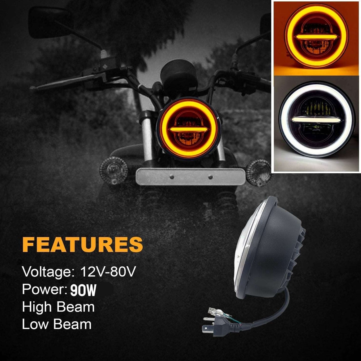 5.7 Inch Round White LED Headlight with Yellow/White Minus DRL Compatible with Bike and Cars (12V-80V, 90W)