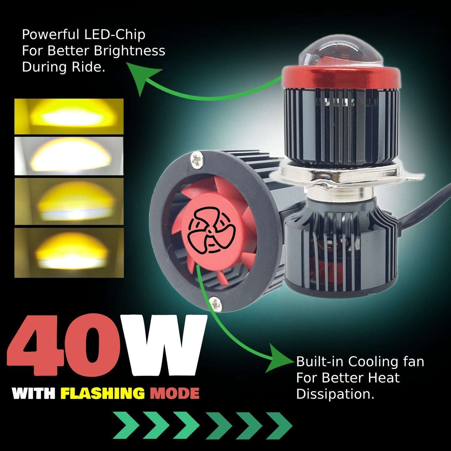 40W Yellow/White LED Headlight Bulb with Flashing Mode, H4 Fitting for Bikes & Cars (Single Pack)