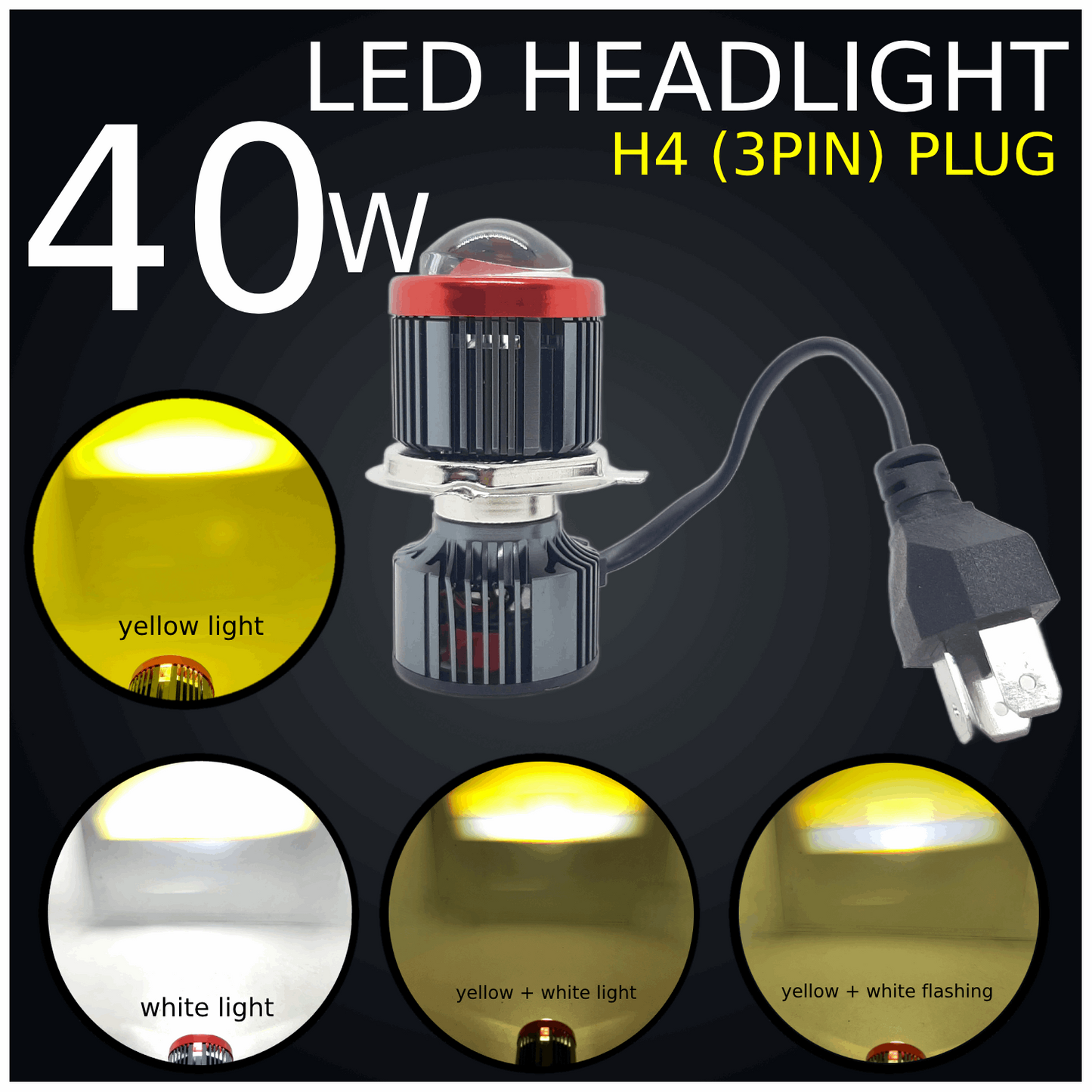 40W Yellow/White LED Headlight Bulb with Flashing Mode, H4 Fitting for Bikes & Cars (Single Pack)