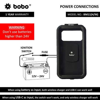 BOBO BM11 Fully Waterproof motorcycle Phone Holder (with Fast 15W Wireless Charger & USB-C Input/Output Port) Motorcycle Mobile Mount