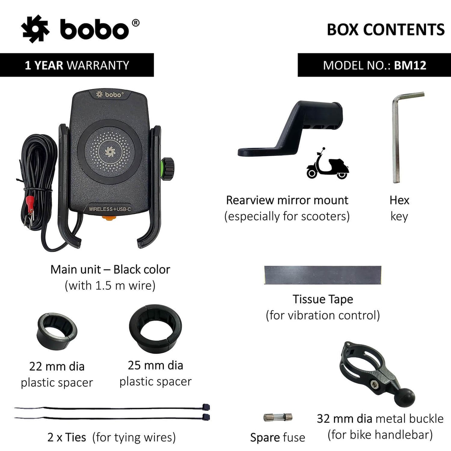 BOBO BM12 Bike Phone Holder (with Fast 15W Wireless Charger & USB-C Input/Output Port) Motorcycle Mobile Mount