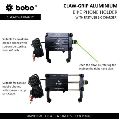 Bobo Claw Grip Aluminium Bike Phone Holder (With Fast USB 3.0 Charger) Motorcycle Mobile Mount BM 5