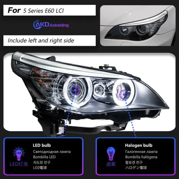 Car Light for BMW E60 2003-2010 5 Series 520I LED Auto Headlight Assembly Upgrade Angel Eyes Design Bicofal Lens