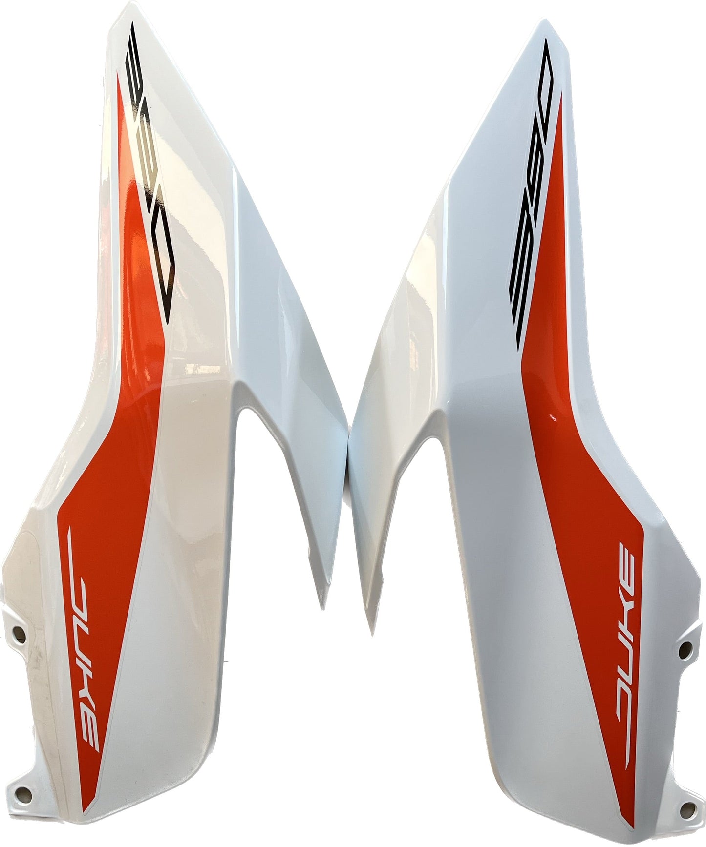 KTM Duke 390 MY17 onwards tank panels white with orange decals set of 2