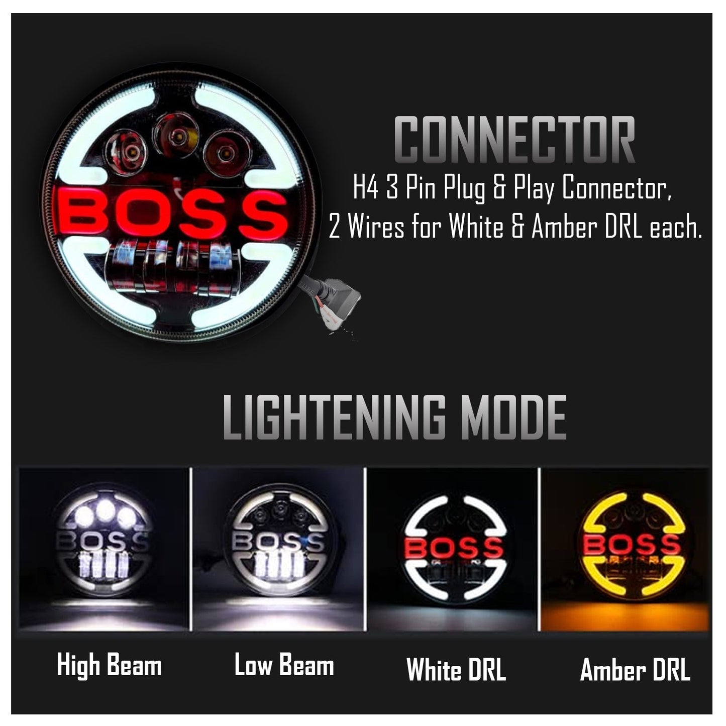 7 Inch Round Led Headlight with BOSS Logo for Bike and Cars