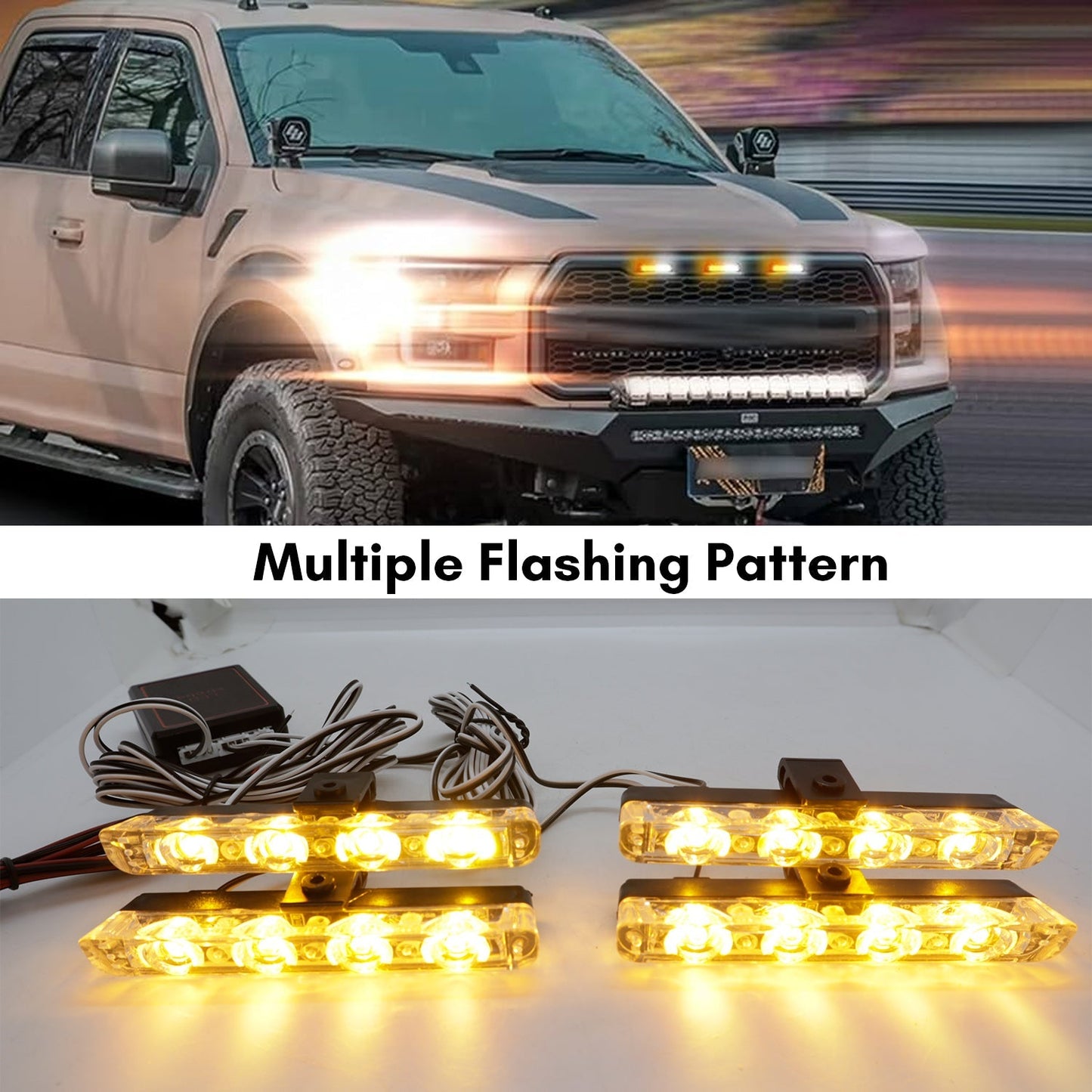 Yellow Car Radiator Grill light with wireless Remote and yellow flashing, strobe & stable light effect (Set of 4)