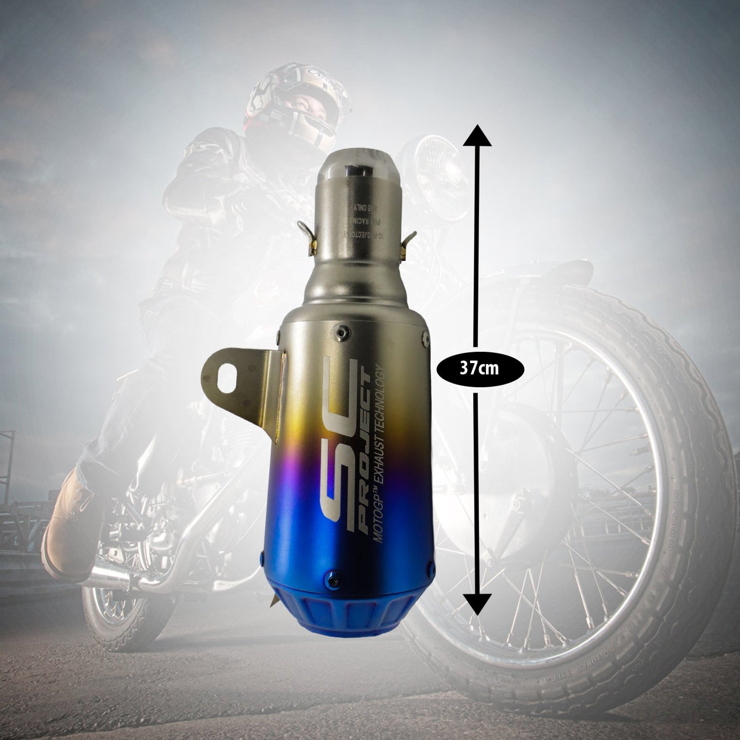 SC Project Silver Blue Universal Small Rocket Exhaust Silencer (36-51mm) Muffler Pipe for All Bikes (Silver + Rainbow Multi-colour)