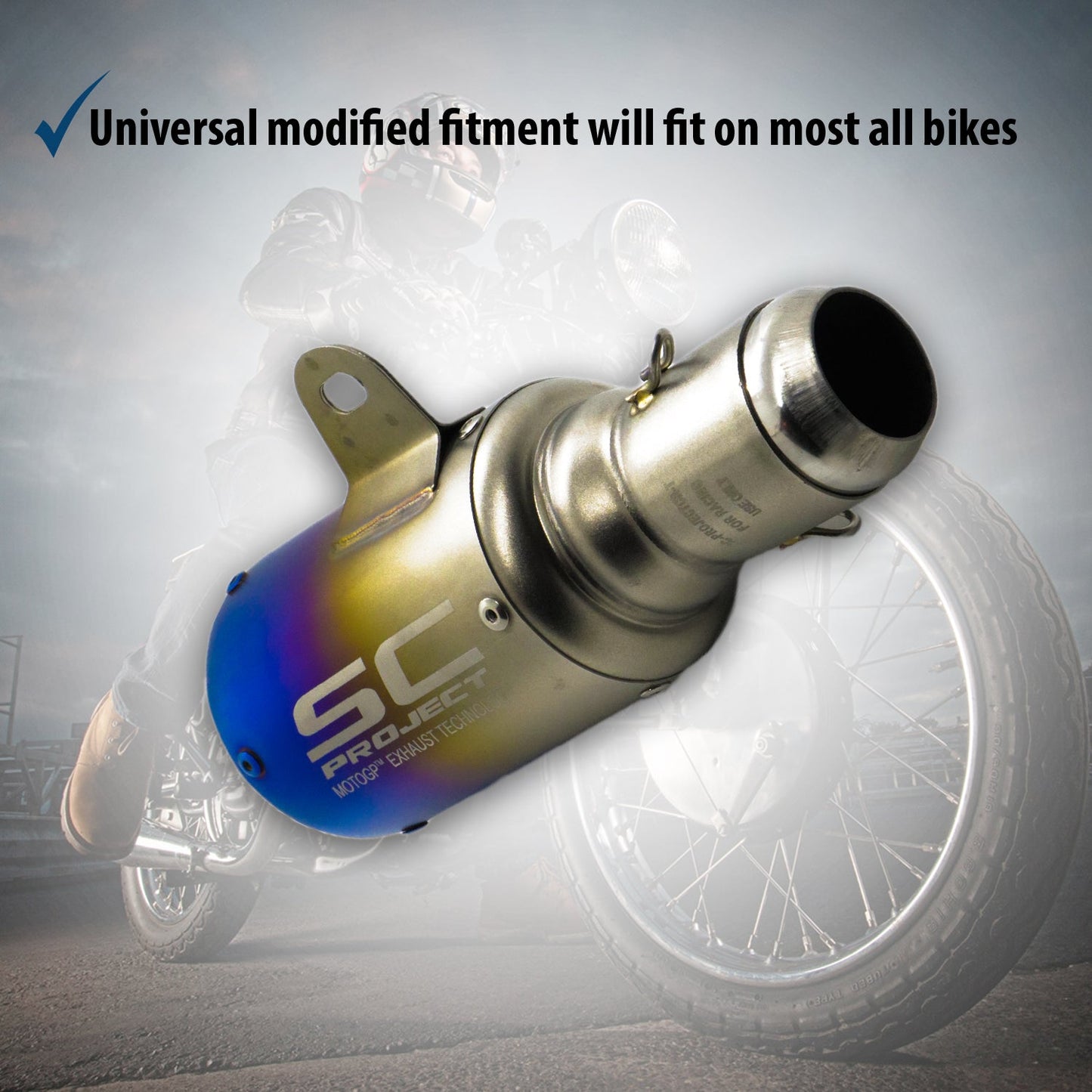 SC Project Silver Blue Universal Small Rocket Exhaust Silencer (36-51mm) Muffler Pipe for All Bikes (Silver + Rainbow Multi-colour)