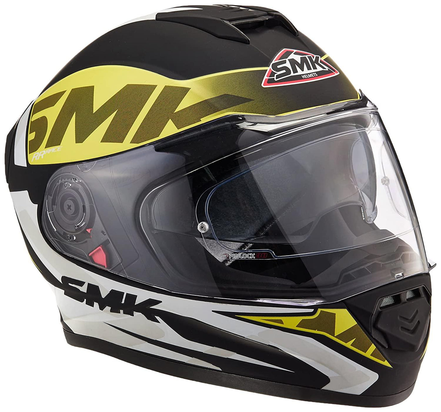 SMK HELMET -  Twister Logo Full Face Helmet With Pinlock Fitted Clear Visor (MA241/Matt Black, Fluorescent Yellow and White,)